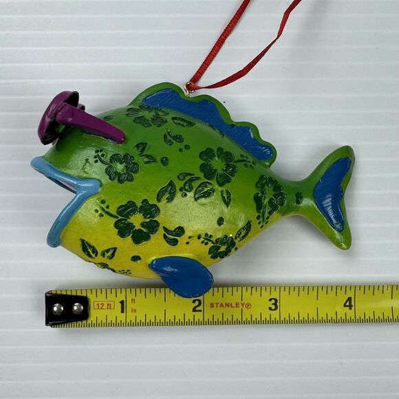 Fish in Sunglasses Christmas Ornament Tropical Beach Fun Glazed Hibiscus - Picture 6 of 9
